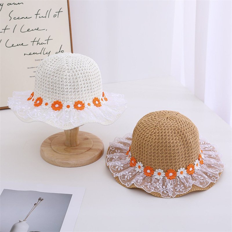 Sombrero de bebé para niños de verano, sombrero para el sol para niñas, sombrero de princesa de margarita de encaje, sombrero de paja de protección solar hueco y transpirable