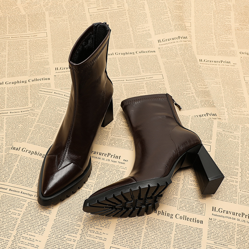 In-Stock European and American Style Pointed-Toe High-Heeled Ankle Boots for Women, 2026 Autumn and Winter New Model, Waterproof Platform, Very Stylish and Slimming Boots