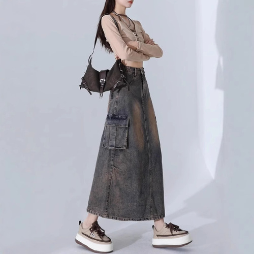 Vintage Cowboy Skirt Semi-annual Skirt New Women Spring Autumn Petite Long Length High-waist Bubble Butt A-line Skirt