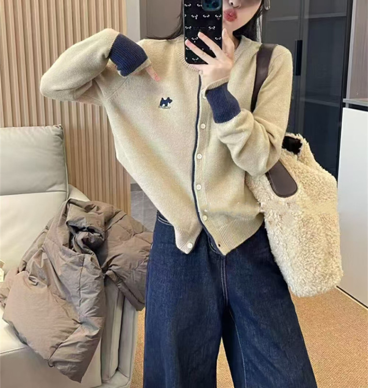 韩版新款跨境显瘦百搭撞色设计刺绣狗拼色袖针织开衫毛衣针织开衫|undefined