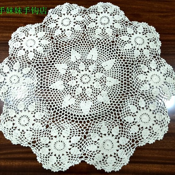Round Tablecloth with Hand-Crocheted Hollow Lace Fabric, White and Beige Floral Table Cover