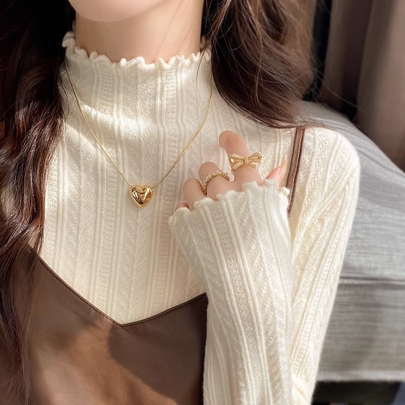 White Base Shirt for Women 2026 New Spring and Autumn High-End Half-Turtleneck Sweater with Ruffled Edges Knit Top White Base Shirt for Women 2026 New Spring and Autumn High-End Half-Turtleneck Sweater with Ruffled Edges Knit Top