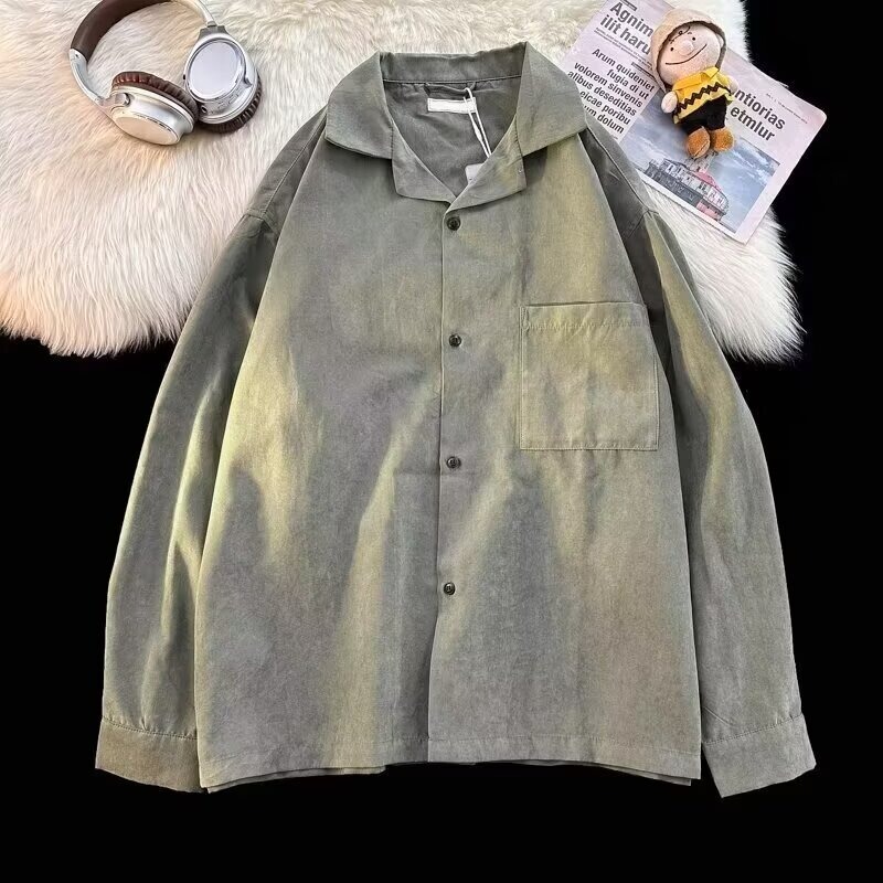 Vintage Antique Washed Cuban Collar Shirt for Men and Women Commuter Daily Casual Loose Simple Harajuku Long Sleeve Shirt