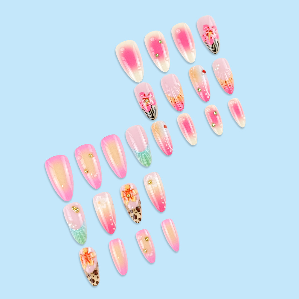 Estilo explosivo transfronterizo, armadura de vestir tridimensional en 3D, tipo gota, parche de uñas de flores de verano, arte de uñas corto de playa caliente