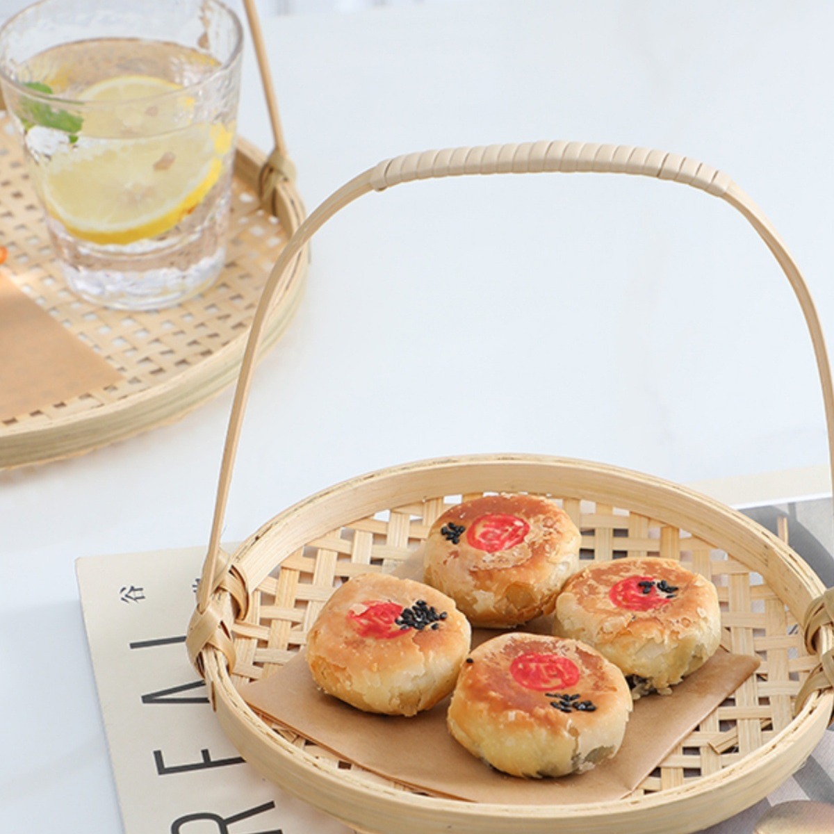 Snacks Cesta de papas fritas azules Cesta de bambú Cesta de dim sum chino Bandeja de bambú Plato frito Plato frito Festival del Medio Otoño Cesta decorativa al por mayor