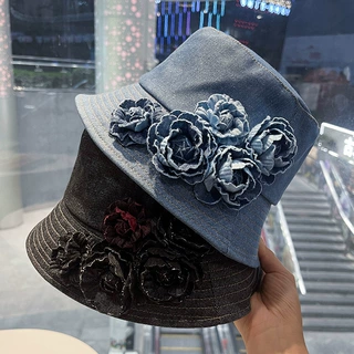 韩版新款复古牛仔渔夫帽子男女春秋季显脸小休闲花朵百搭时尚盆帽