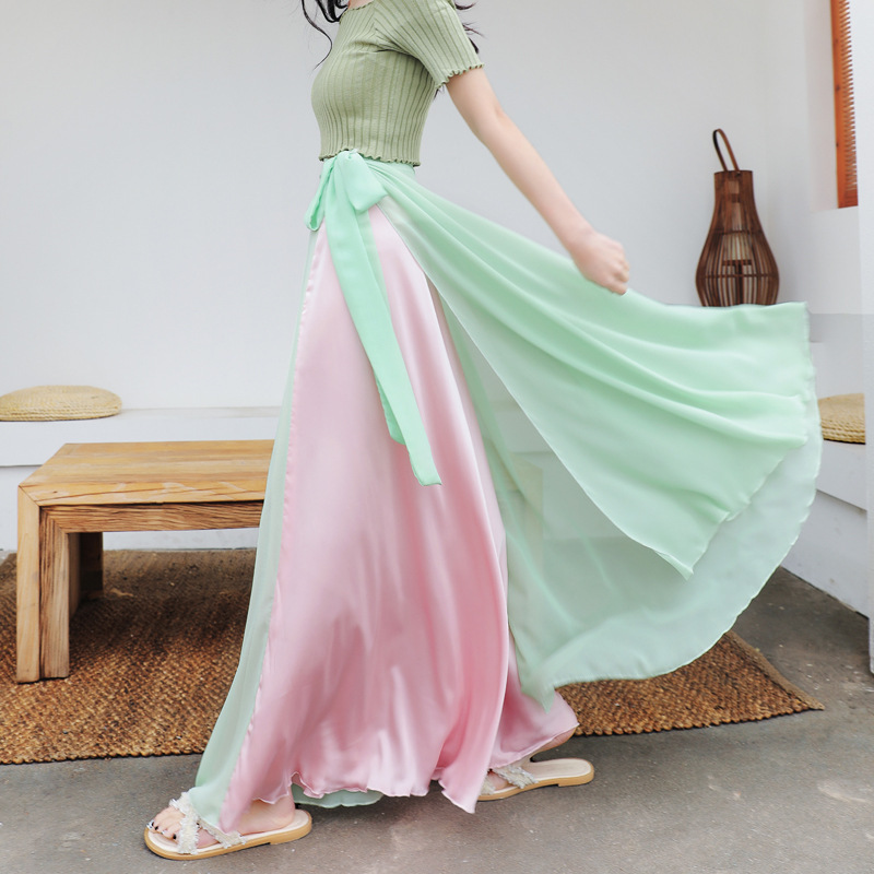 Lace-Up Elegant Slim Two-Color Satin Chiffon Palace One-Piece Large Swing Modern Dance Apron Half-Length Skirt for Women