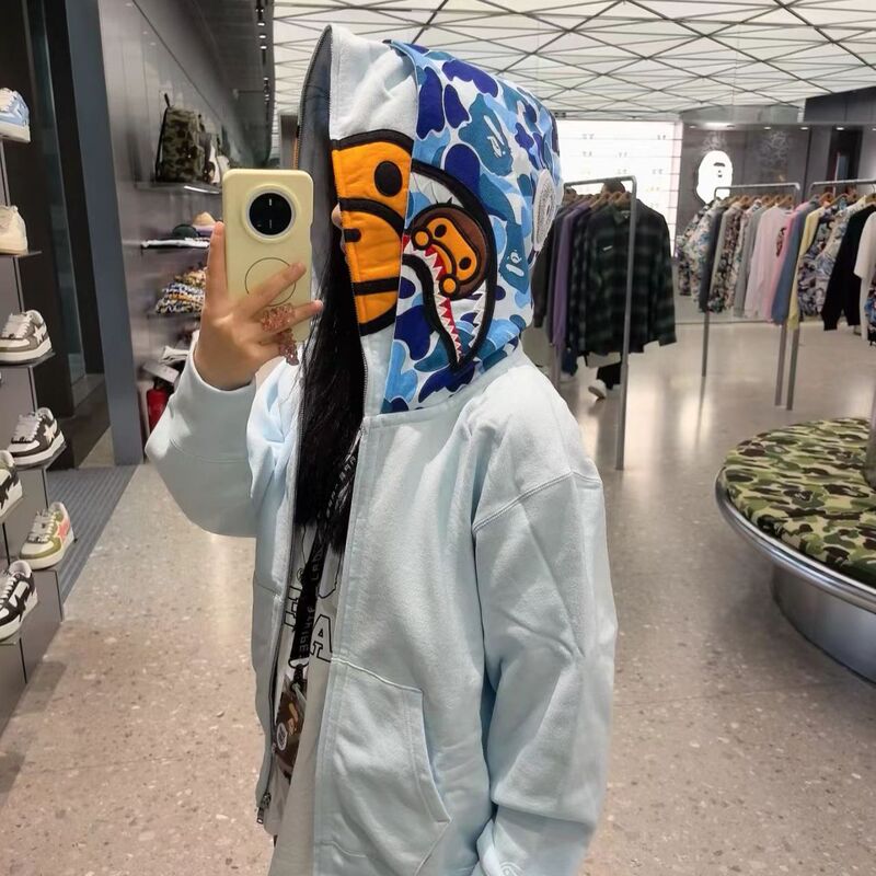 Trendy Japanese Brand New Milo Shark Double-Hooded Sweatshirt Jacket with Embroidery and Zipper, Unisex Loose Fit with Hood