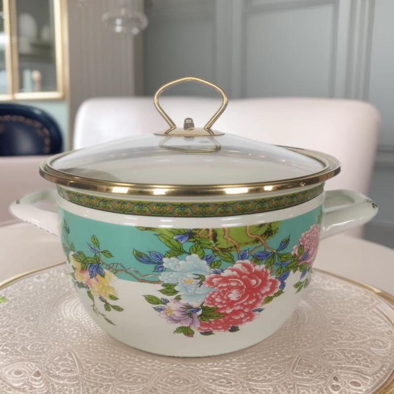 Household gold-rimmed enamel cooking pot for soup, noodles, herbal decoctions, and stewing, double-handled enamel pot with lid for boiling water, wholesale
