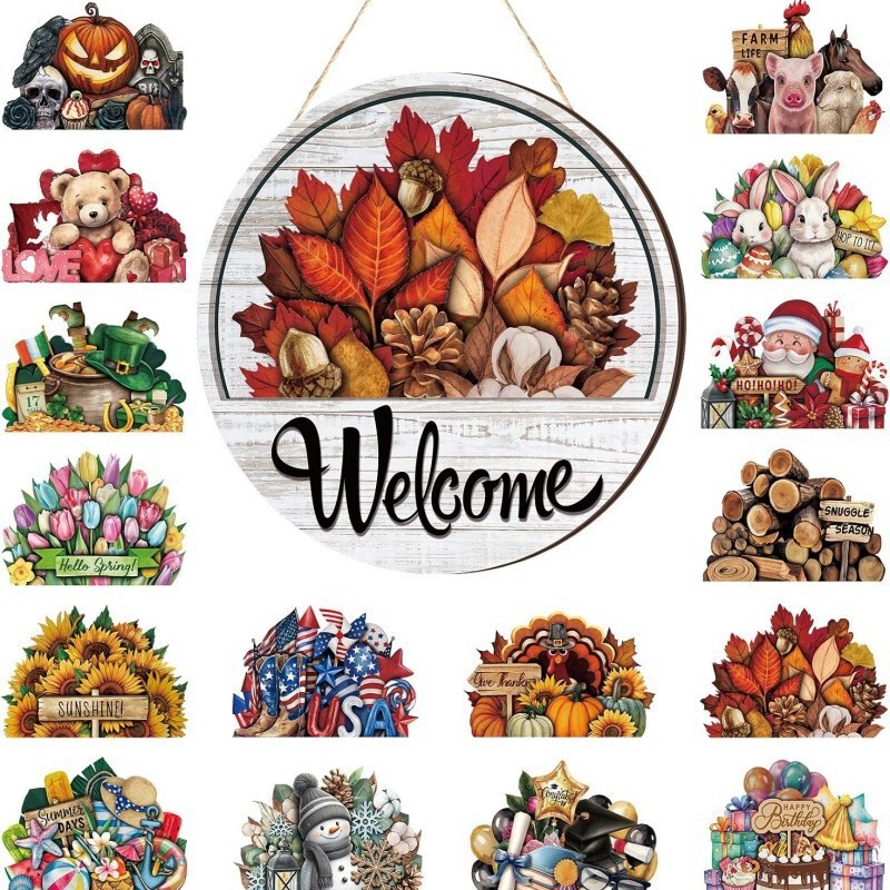16pcs Welcome Door Sign Interchangeable Front Door Decor Rustic Fall Seasonal Hanging Sign Halloween Christmas 16pcs Welcome Door Sign Interchangeable Front Door Decor Rustic Fall Seasonal Hanging Sign Halloween Christmas