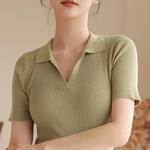 polo领短袖T恤女2023夏设计感小众纯色针织衫上衣修身打底衫气质