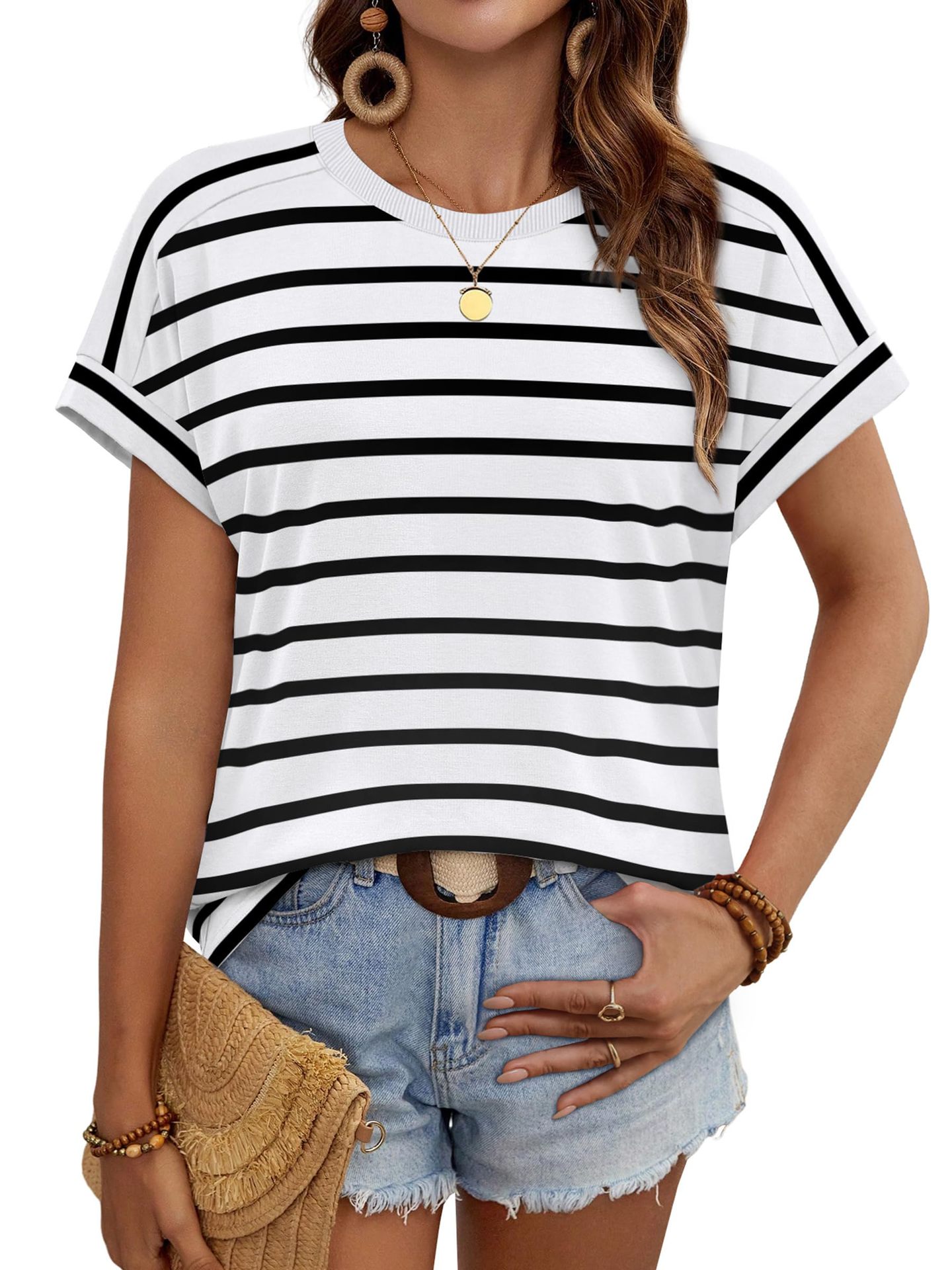 Summer New Women's Round Neck Casual Striped T-Shirt Short Sleeve Top American Style_ecoleips.com