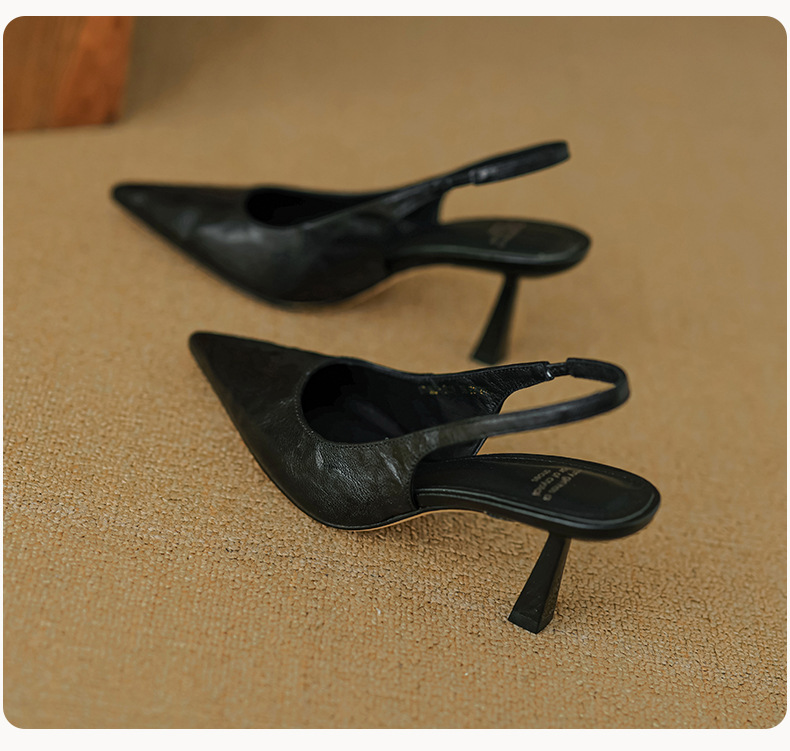 Sandal cao gót nữ mũi nhọn hở gót, da cừu, phong cách Hàn Quốc đơn giản — đen chi tiết 25