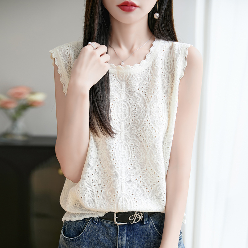 Summer woolen knitted base vest with a round collar