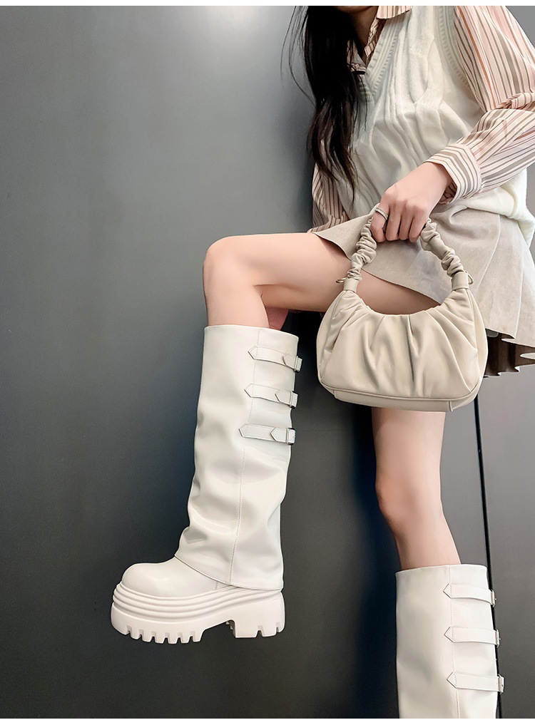 Boot nữ cổ cao ôm bắp chân da thật đế dày tăng chiều cao 15cm gót chunky — Lớp lót đơn màu trắng nhạt 12cm, Lớp lót đơn màu nâu 15cm, Màu đen đơn 12cm, Lớp lót nhung màu nâu 12cm chi tiết 11