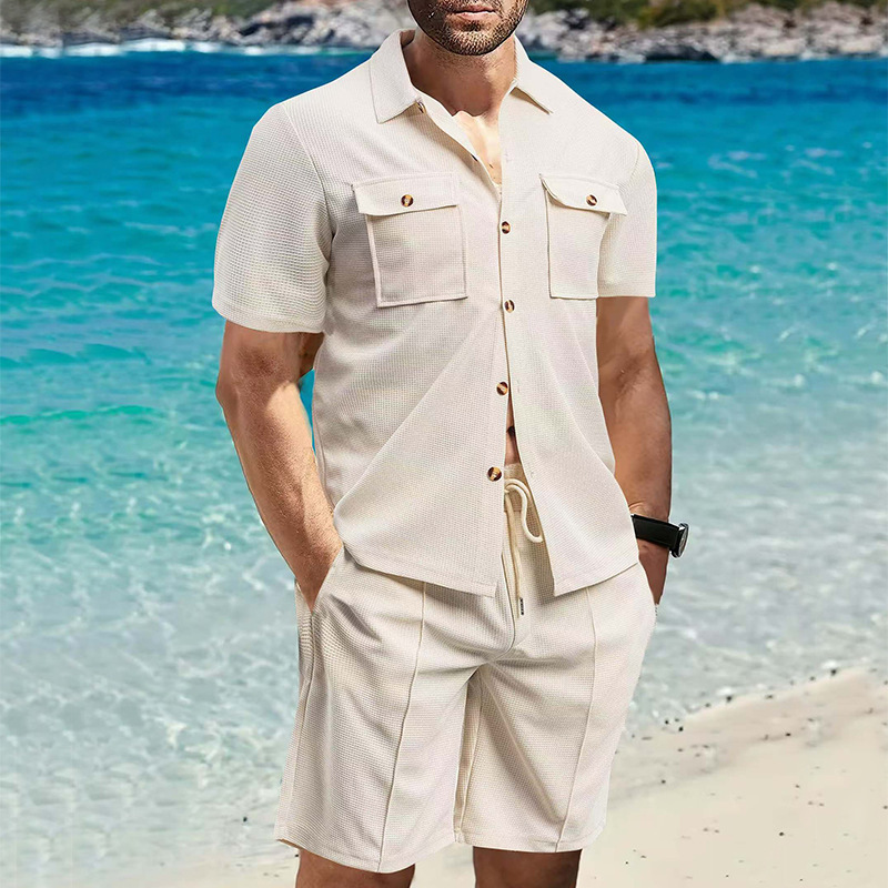 Herren Waffelstoff Set Kurzarm Hemd Und Shorts Für Den Sommer_voghion.com