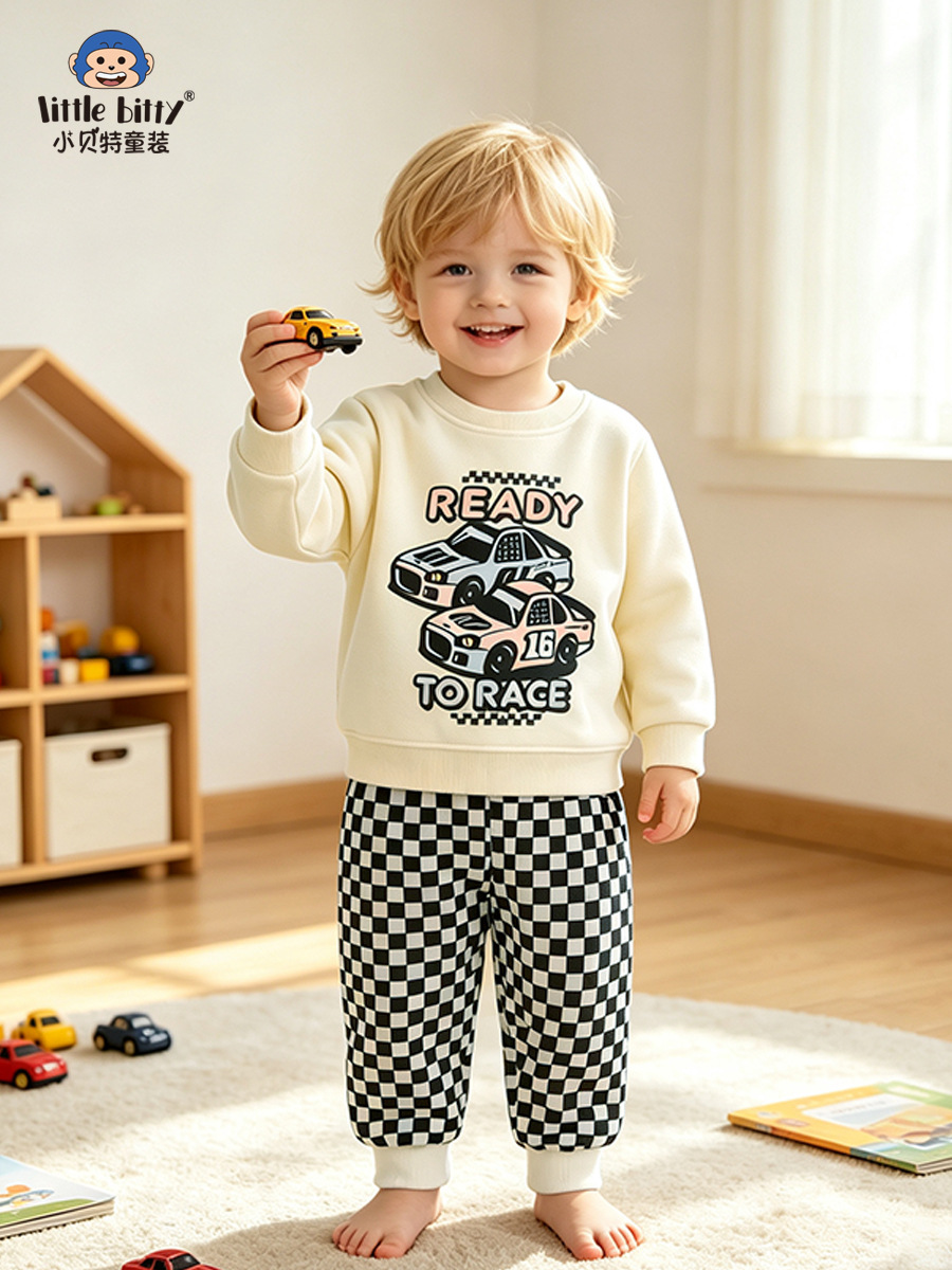 Cross-border supply: 2026 boys' fashion car plaid print autumn and winter round-neck sweatshirt set for young children