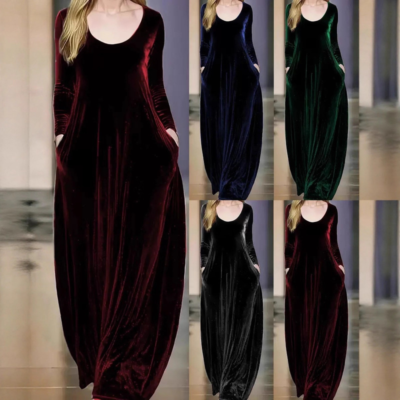 2026 European and American Cross-Border Autumn and Winter Long Velvet Dress, Round Neck, Long Sleeves, Elegant Velvet Gown with a Large Hem