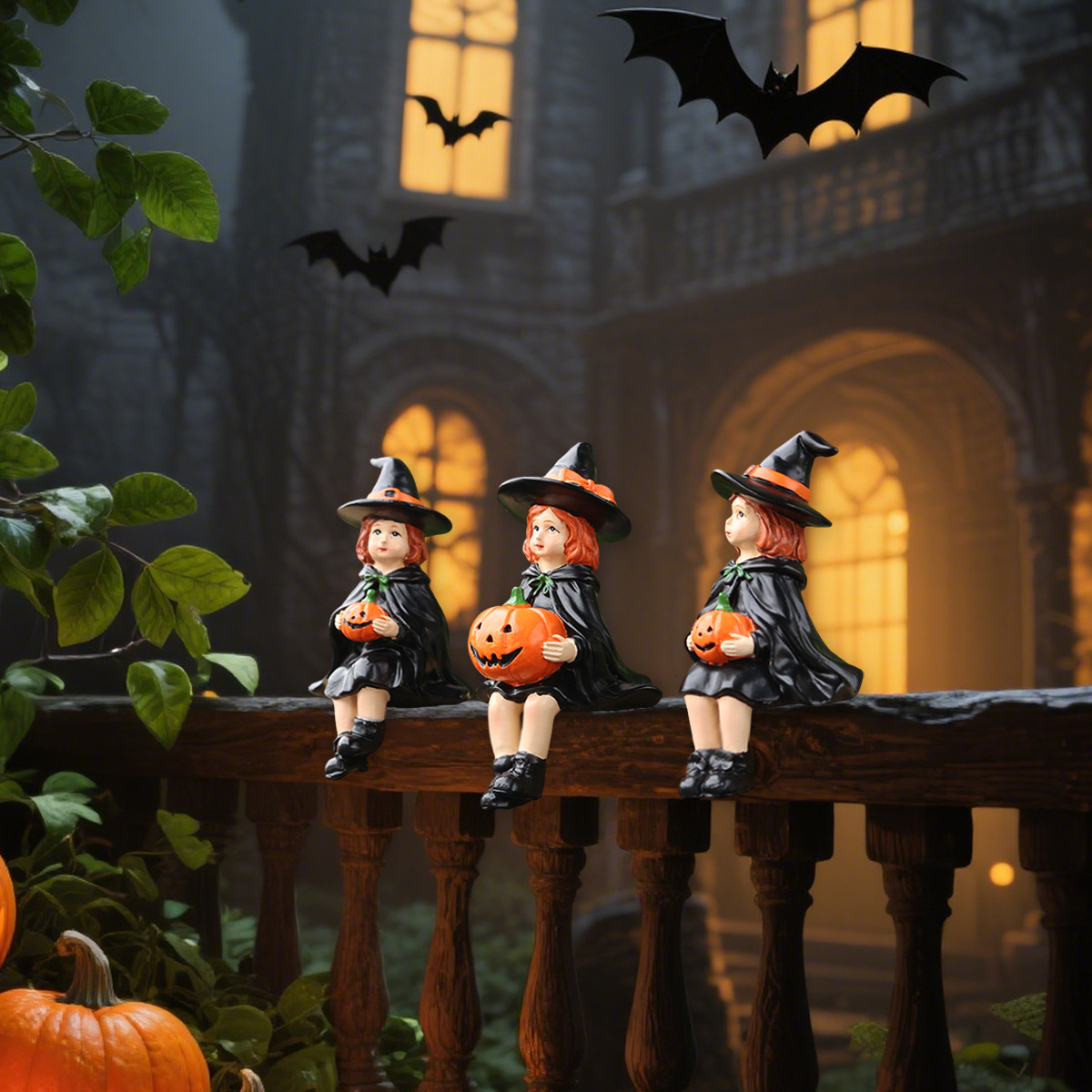  Halloween Night Pumpkin Sitting Witch Set of Three DIY Decoration Accessories Mini Holiday Ornaments Available