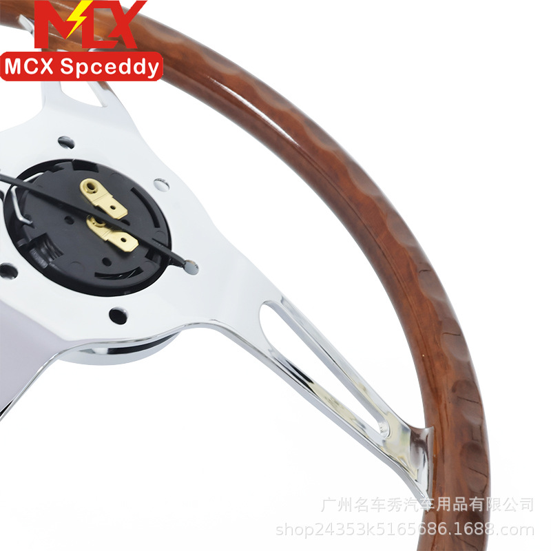 Cross-border modification 15inch peach wood color retro steering wheel 380mm universal concave electroplated bracket with a hole spacing of 70mm