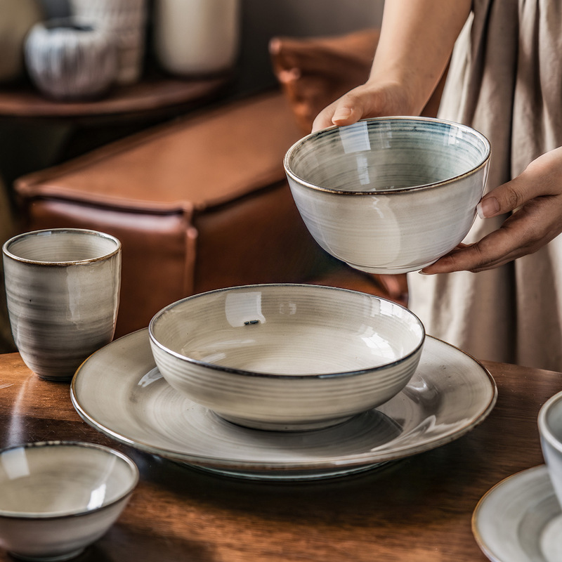 Retro Style Tableware Set Jieyuqiu Series Bowls and Plates with Cups for Home Restaurant Round Plates Ceramic Dishes Bowls and Plates