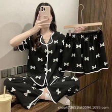 Leisure Wear睡衣女夏季款宽松短袖短长裤套装甜美家居服三件套装