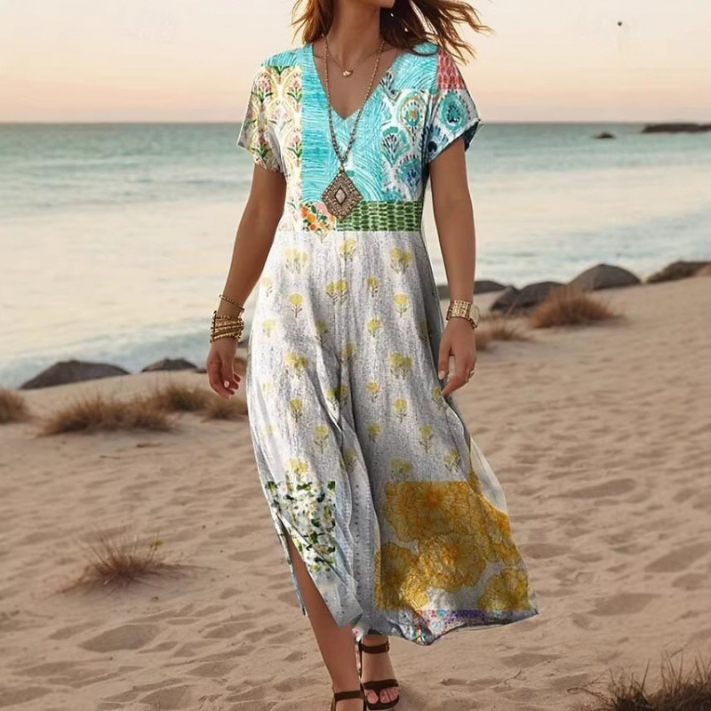 Summer Maxi Dress Casual V-Neck Long Sleeve Bohemian Peacock Print Floral Long Dress