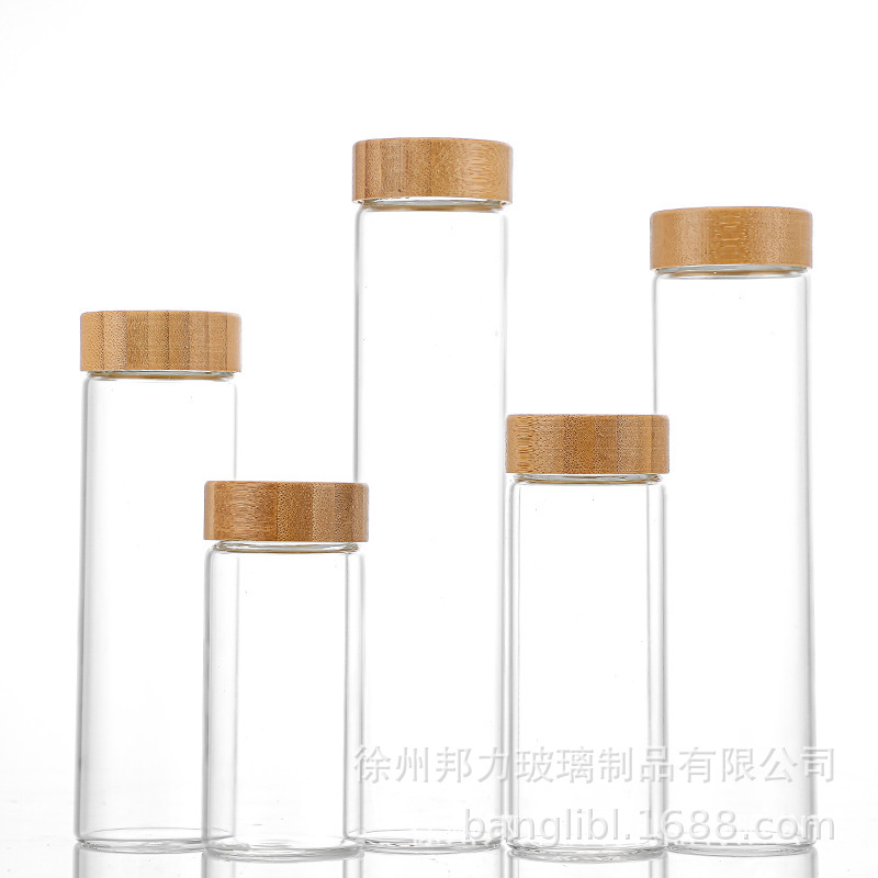 定制高硼硅47mm螺纹竹木盖管制瓶多规格虫草粉末包装瓶藏红花瓶子