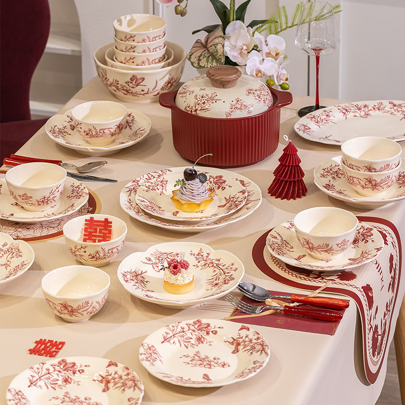 新婚碗碟套装陶瓷结婚伴手礼红色囍碗饭盘子碗盘碗具组合自选批发