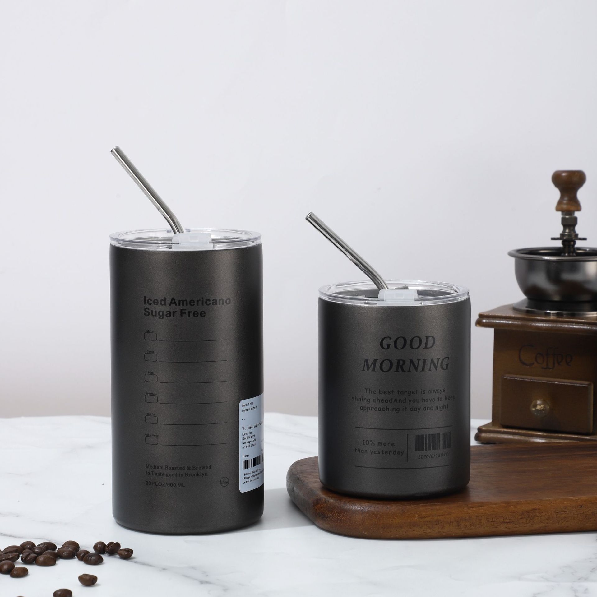 Cross-border 304 hielo de acero inoxidable taza de café americana vacío doble capa con taza de paja recta taza de aislamiento portátil doméstica