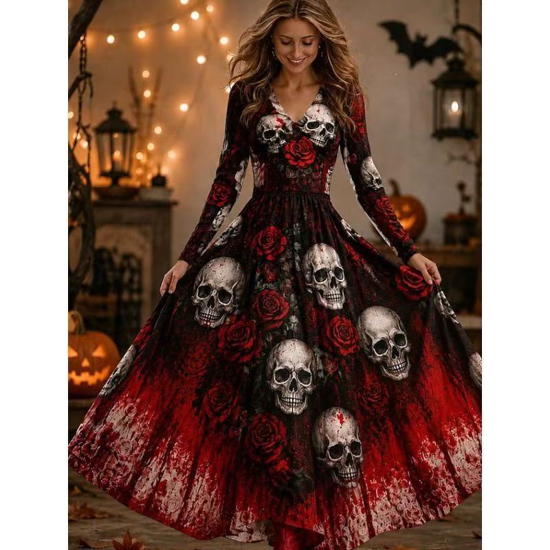2026 New Cross-Border Halloween Women's Party Dress with Pumpkin, Ghost, and Witch Theme Pattern, Long Skirt with Full Hem