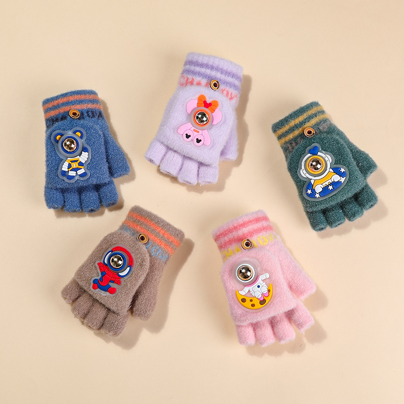 6-12 años nuevo astronauta Guantes luminosos niños y niñas de punto Flip escritura medio dedo guantes fábrica al por mayor