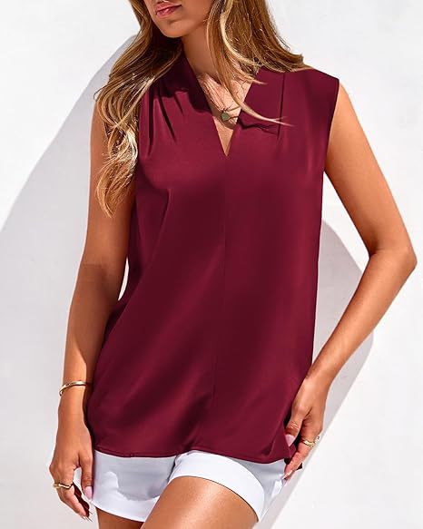 Women's Clothing American Women's Summer Sleeveless Satin Vest Casual V Neck Pleated Shirt Commuter Style 2026_ecoleips.com