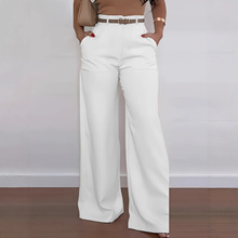 欧美风黑色高腰压褶阔腿裤跨境女装扣腰带长裤垂感显瘦亚马逊