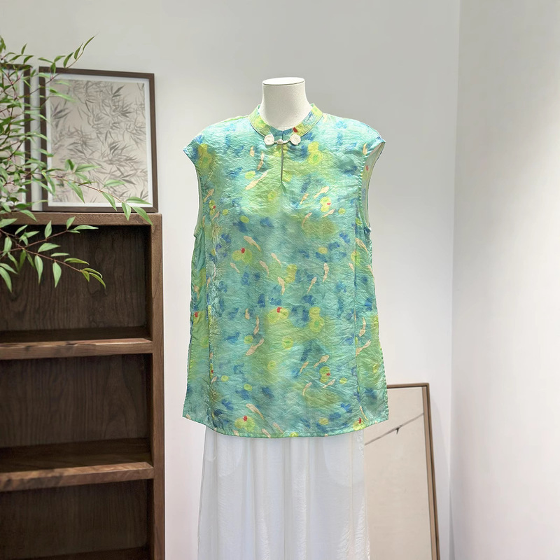 New Chinese-Style Floating Brocade [Blue Sea Koi] Ao Dai Shirt Mid-Length Summer Thin High-End Loose Elegant Top