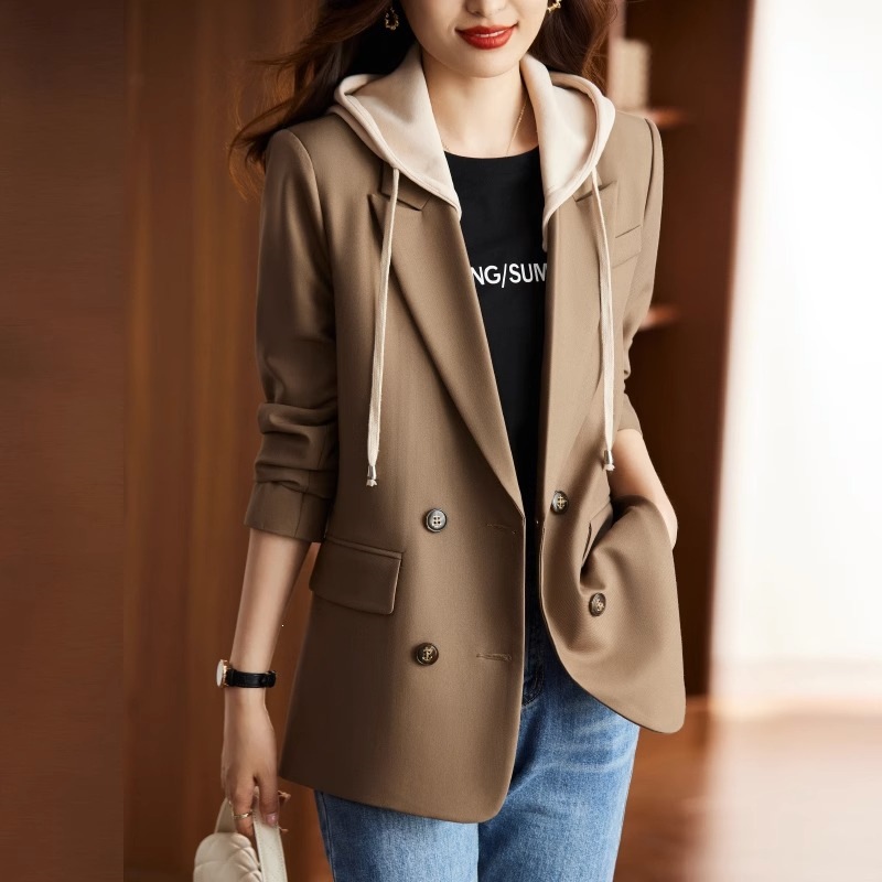 Women's Hooded Suit Jacket, Spring/Autumn 2026 New Style, Casual British Style, Brown Suit Jacket with Hood