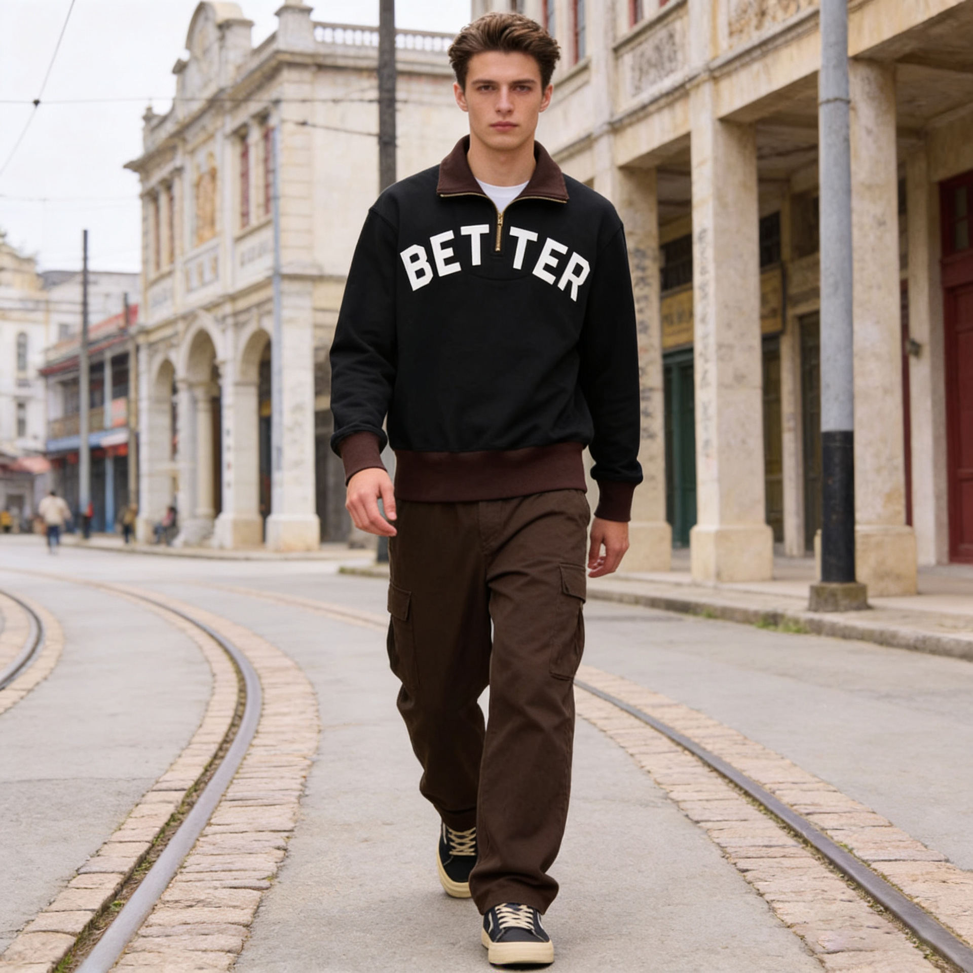 OKONKWO heavy color matching media cremallera solapa suéter engrosada bordado medio pecho cremallera cuello alto suéter