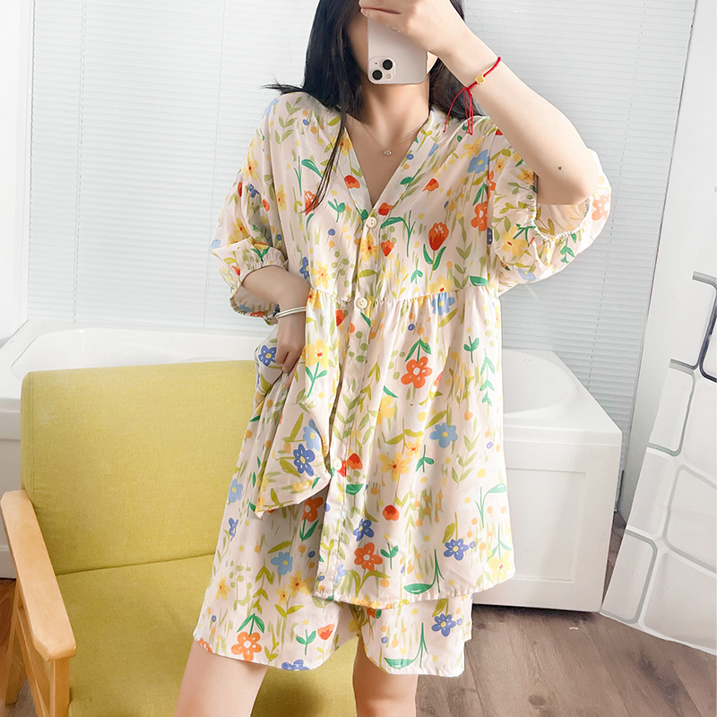 2026 New Style V-Neck Cardigan with Lantern Sleeves, Can Be Worn Outside, Lazy Style Loose Cotton Silk Set, Cotton Silk Pajama Set for Women