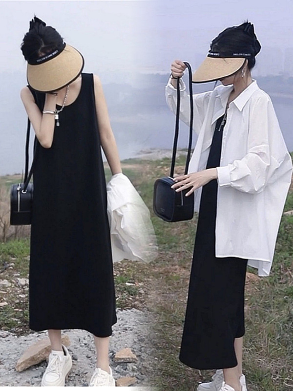 Loose Mid-Length Vest Dress Set for Women, New Summer Vacation Style, Sun-Protective Shirt Paired with a Long Strap Dress Loose Mid-Length Vest Dress Set for Women, New Summer Vacation Style, Sun-Protective Shirt Paired with a Long Strap Dress