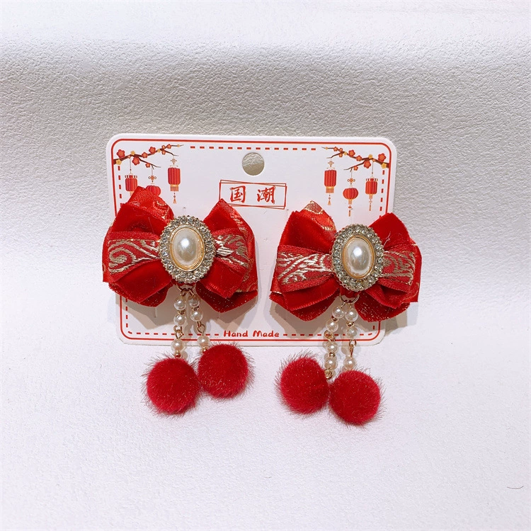 Red children's hairgrip with bow with tassels, Hanfu, hair accessory, hairpins, Chinese style