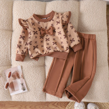 ins上新跨境专供女童套装欧美小童秋冬新款长袖卫衣+咖色长裤套装