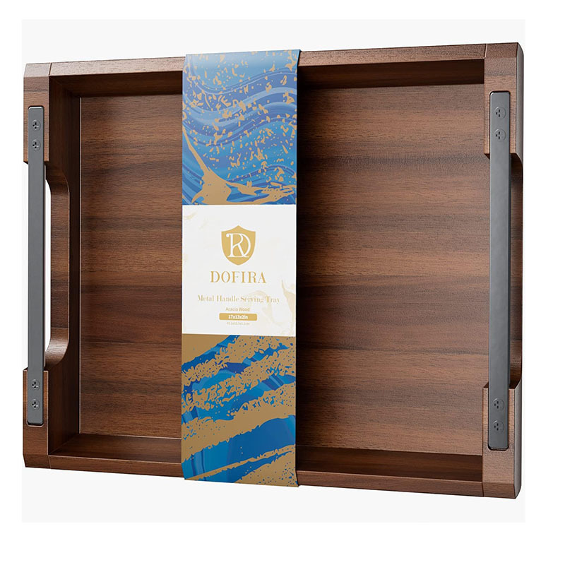 Acacia madera bandeja de metal mango bandeja de alimentos y bebidas mesa de café desayuno, cena bar bandeja de almacenamiento