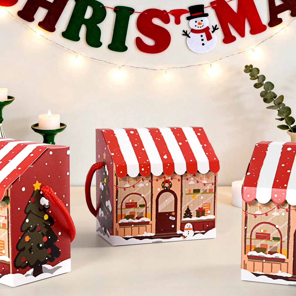 New Christmas House-Shaped Gift Box with Red and White Striped Roof, Candy Gift Box, Gift Packaging Box, 10 Pieces/Pack