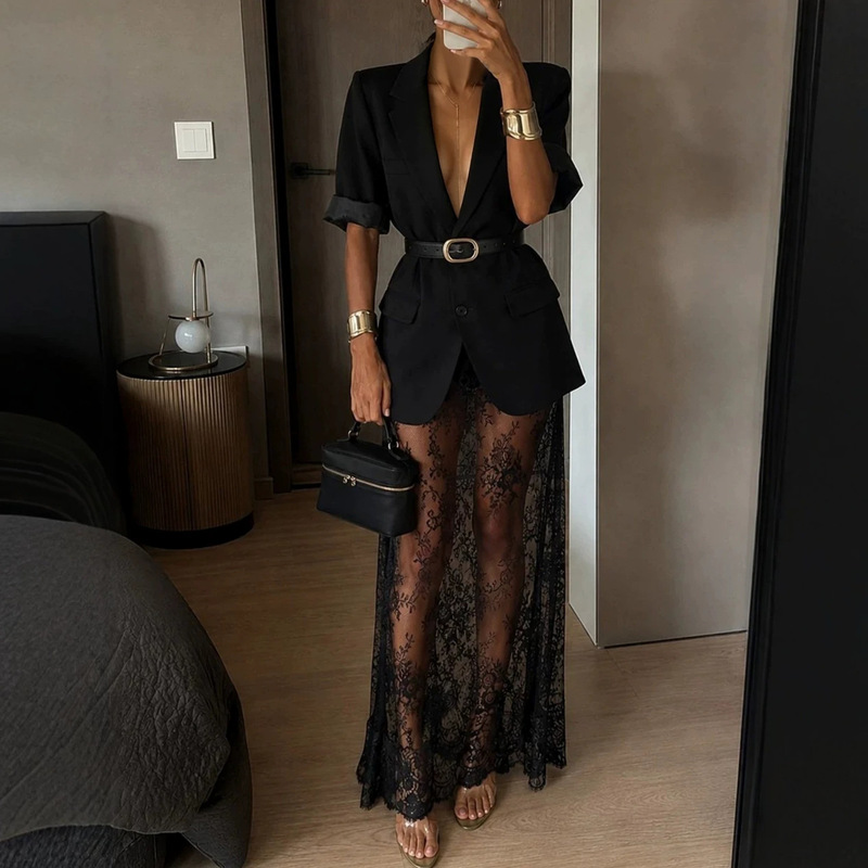 2026 European and American Women's Fashion Tk Trendy V-Neck Long-Sleeved Suit with Ruffles, Elegant and Stylish Mesh Long Dress Set