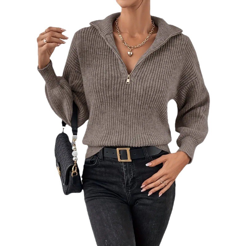 European and American cross-border foreign trade women's knitted tops fashionable solid color loose casual polo collar zipper long-sleeved sweater for women