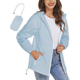 热销亚马逊外贸欧美风女式防雨水轻便便携连帽风衣雨衣冲锋衣防水