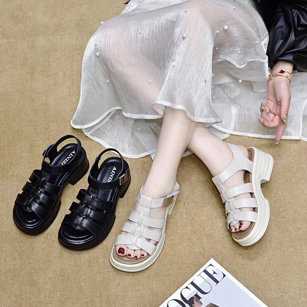 Sandal nữ da thật đế dày hở mũi quai ngang gót thô phong cách La Mã — màu đen
