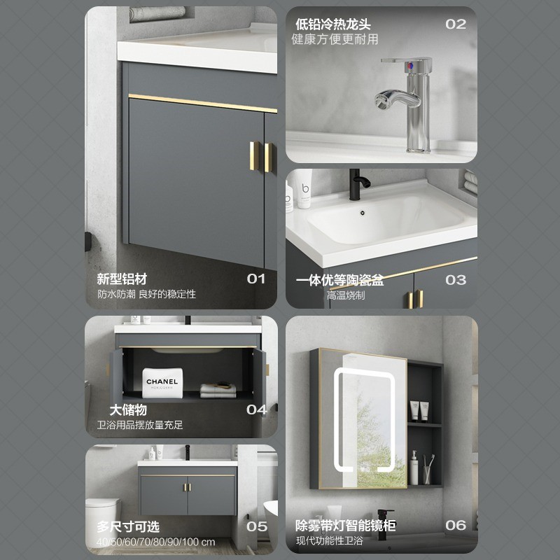 Cuarto de baño lavabo gabinete combinación de aluminio espacio pequeño apartamento gabinete de baño integrado lavabo de cerámica mesa de lavado en casa