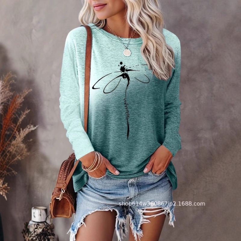Cross-Border European and American 3D Digital Printing Long-Sleeved Tops Floral Black and White Colorful Creative Fashion New Round Neck Women's Clothing