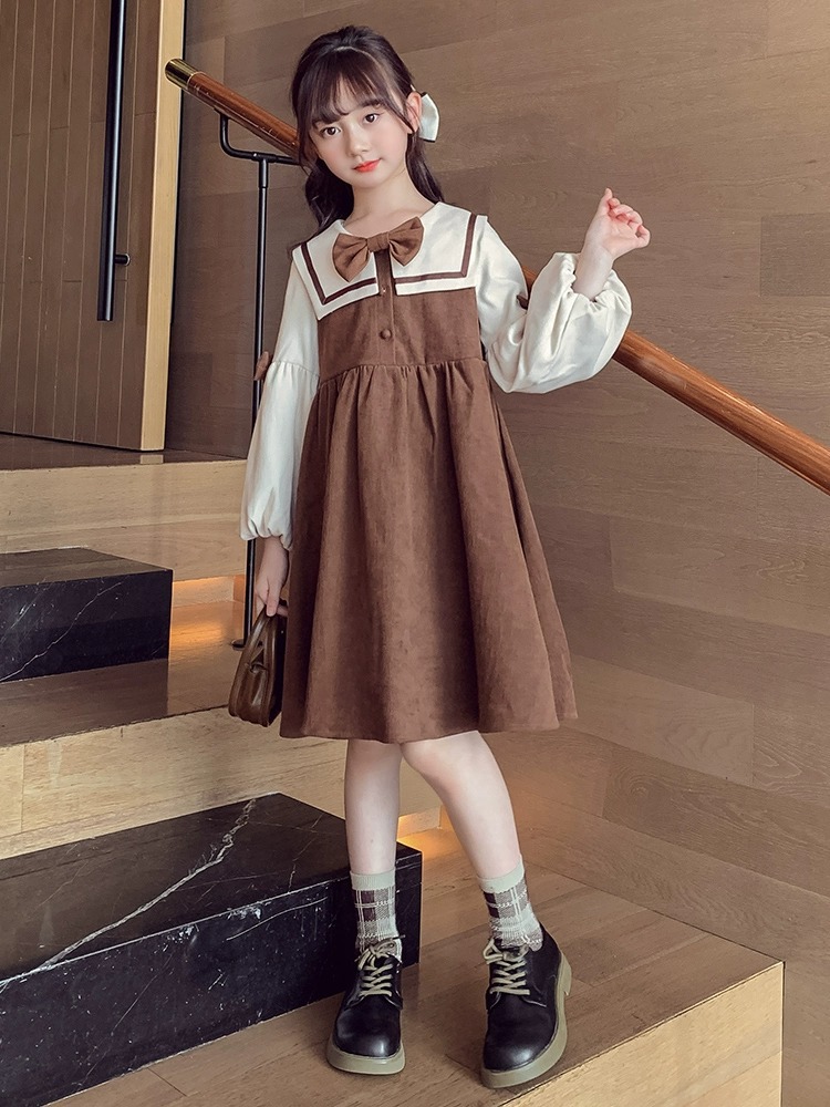 Girls' Fashion New Middle Big Children's Girls Corduroy Princess Dress Long sleeved Western Autumn and_voghion.com
